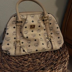 MCM Visetos Vintage Boston Satchel Beige